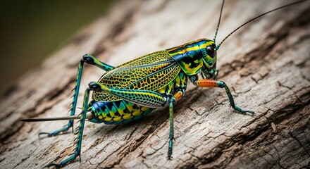 Colorful Grasshopper on a Textured Bark: An intimate shot of a vibrant grasshopper perched atop a rough tree bark, showcasing the insect's intricate patterns and striking colors.