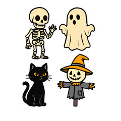 Cute Halloween Characters Vector Illustration – Skeleton, Ghost, Black Cat, and Scarecrow