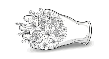 Floral abundance bursting from a glove, a monochrome symphony of nature's artistry