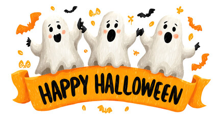 Dancing ghost trio under happy helloween on white