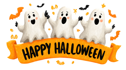 Dancing ghost trio under happy helloween on white