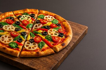 Vibrant veggie pizza on rustic wood, ideal for health-conscious and sustainable brand campaigns.