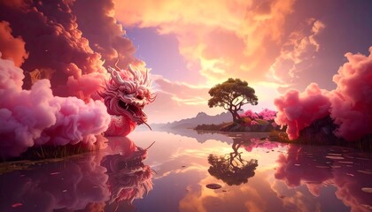 A mythical dragon emerges from vibrant pink clouds, reflecting in tranquil water before a serene landscape