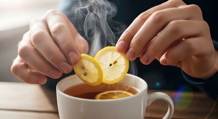 Close-up of hands placing lemon slices into a steaming cup of tea, creating a refreshing beverage.