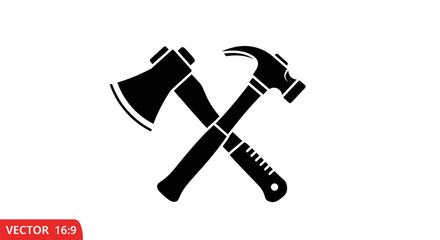 Graphic representation of crossed woodworking tools: a hammer and an axe, on a white background