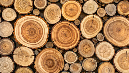 Stacked tree logs showing growth rings create a textured wall in lumberyard, showcasing natural patterns and rustic charm.