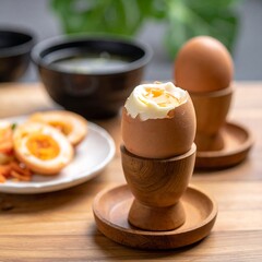 Soft-boiled eggs on a wooden table with miso soup