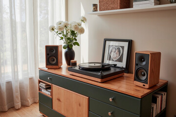 Modern wooden sideboard displaying vinyl record player with two speakers, framed heart photo, vase with flowers, books and natural light streaming through sheer curtains