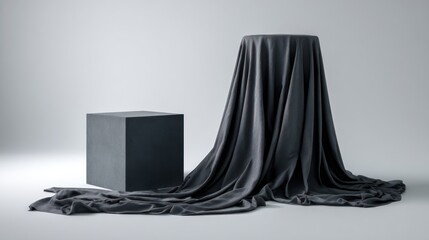 Dark draped fabric and cube display abstract concept for design