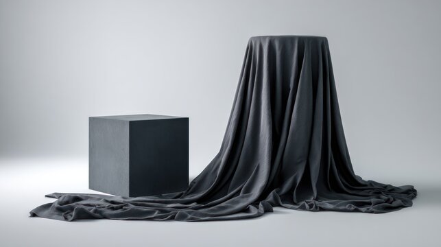 Dark draped fabric and cube display abstract concept for design