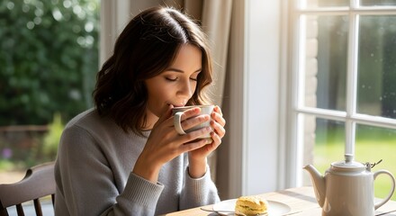 A serene woman sips a warm drink from a mug while sitting at a sunlit table indoors with a teapot and pastry.