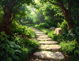 Sunlit pathway through a lush forest garden