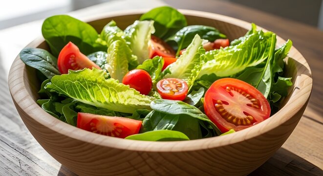 A vibrant, fresh green salad with leafy greens and sliced red tomatoes in a wooden bowl, bathed in natural light. - Powered by Adobe