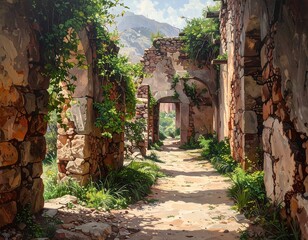 Sunlit pathway through ancient ruins