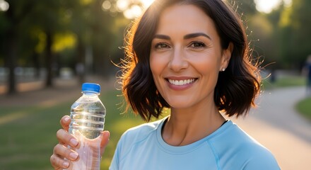 A smiling woman in athletic wear holds a bottle of water outdoors in the sunlight.