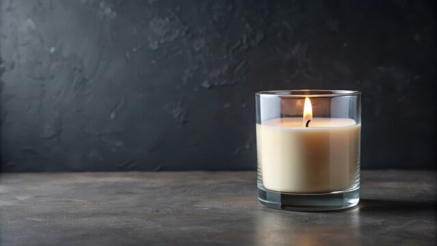 A minimalist candle with a white glass holder and a customized label on a dark background , customizable label, gift idea