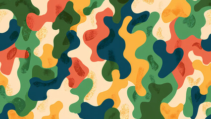 Fototapeta premium Abstract Seamless Pattern with Organic Camouflage Shapes in Vibrant Green, Orange, and Blue