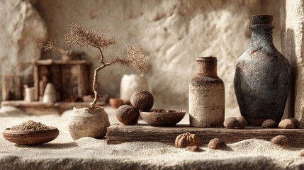 Rustic serenity: An earthen tableau of handcrafted pottery and botanicals