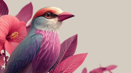 Illustrative bird surrounded by lush floral elements in a gentle color palette