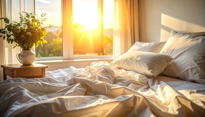 Sunlit bedroom with white bedding