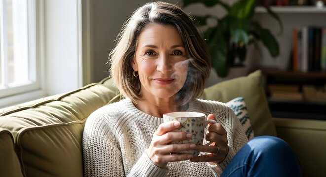 A middle-aged woman with short blonde hair and a cozy sweater holds a mug of hot beverage while sitting on a couch near a window.