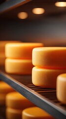 Cheese aging in a dark cellar, showcasing rounds of cheese stacked on shelves for flavorful maturation