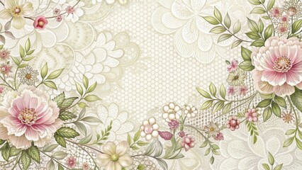 Intricate floral patterns with fine lines and delicate curves on a white lace background, nature-inspired