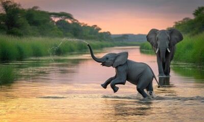 Naklejka premium A playful baby elephant splashes in a river at sunset. Mature elephant in background