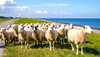 Obraz premium Sheep flock on a coastal road