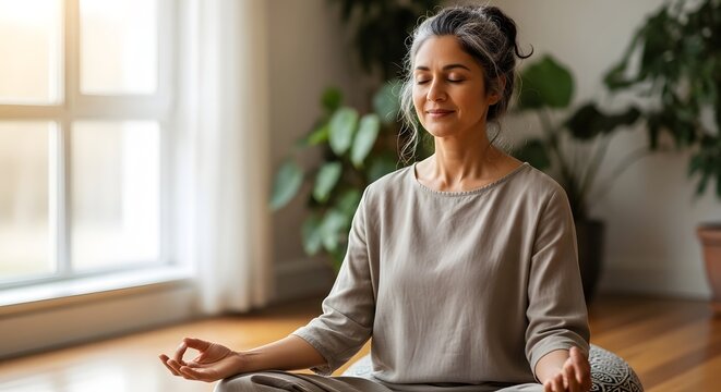Serene middle-aged woman with grey hair meditating peacefully in a bright, plant-filled room, practicing mindfulness and relaxation.