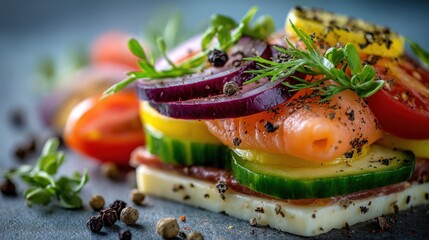 Creative layered appetizer with smoked salmon and fresh vegetables close-up view