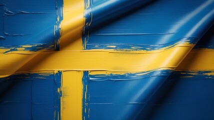 A close-up shot of the Sweden flag, with its blue and yellow cross waving gently.