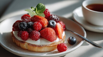 Elegant berry tart with fresh mint garnish, served with steaming tea