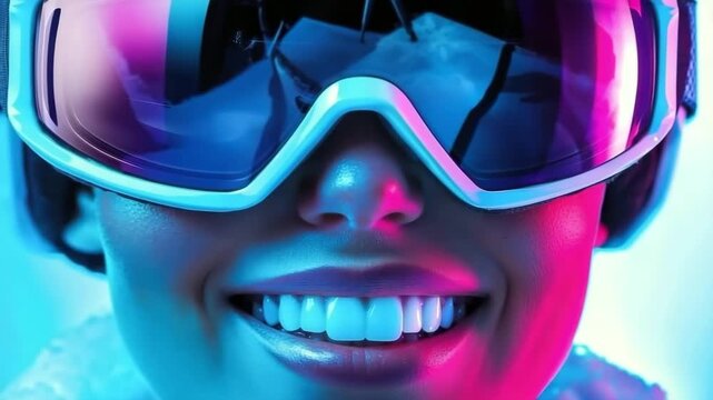  Close-up of smiling woman in winter snowboard or ski equipment with protective goggles under neon futuristic lighting. Sport video for winter gear and lifestyle advertising.