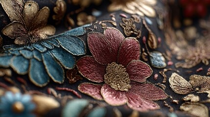 Elegant floral embroidery on dark fabric with intricate threadwork and textures