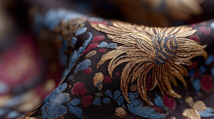 Ornate floral fabric in rich shades of gold, blue, and red, an intricate textile