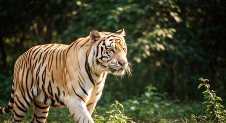 Fototapeta premium A cream-colored tiger walks through a lush forest