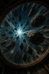 Obraz premium View through a broken window of a spaceship looking out at asteroids and a bright light in space
