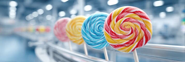 Colorful lollipops on display in a candy factory during production hours