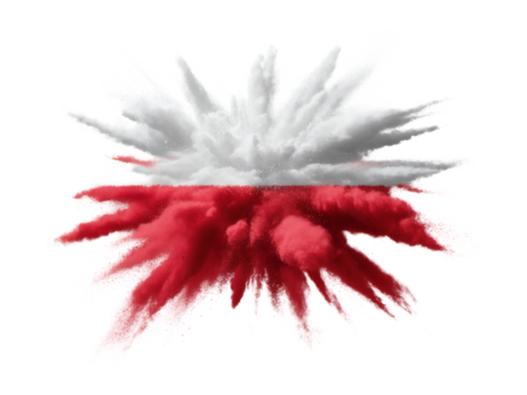 a vibrant powder explosion in the colors of the Poland flag, symbolizing energy and national spirit