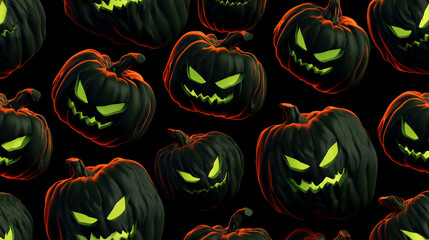 Glossy 3D Evil Pumpkins on Black — Seamless Pattern