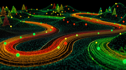 A customer journey map visualized as a winding path with green points of joy and red points of friction.