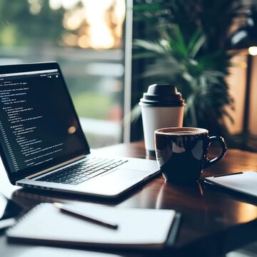 Laptop with code on the screen and cup of coffee on desk. Home office setup for programming, remote work, and online business development.