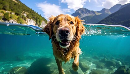 A golden-coated canine swims toward the camera in crystal-clear water. The split-level shot reveals both above and below the surface, with mountains in the distance