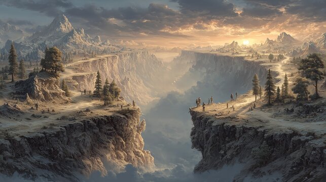 A dramatic landscape visualizing the 'Crossing the Chasm' marketing theory, separating early adopters from the mainstream.