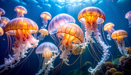 Golden jellyfish in underwater scene
