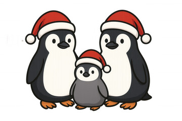 Fototapeta premium Little penguin family wearing santa hats celebrating christmas holiday season, cute cartoon character vector illustration