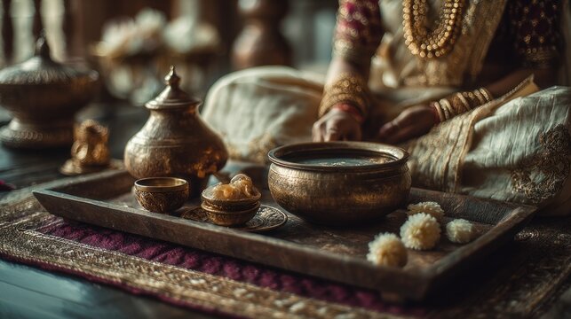 Tranquil Indian tradition, woman offering traditional drink and snacks