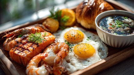 Delicious and Fresh Breakfast with Fish, Eggs, Shrimp and Croissant on Tray