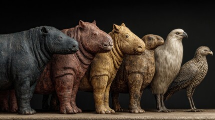Ancient beasts and birds of varying elemental origins displayed in formation